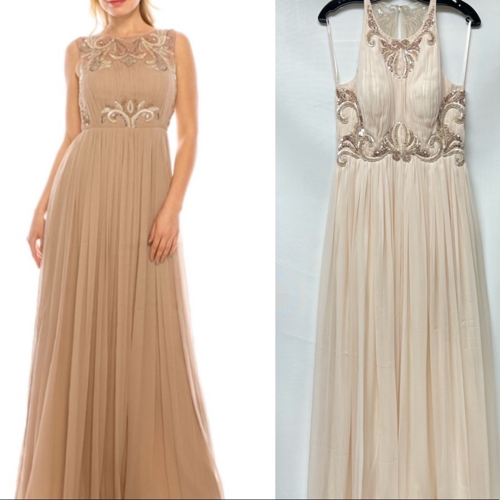 Aidan Mattox boat neck sleeveless ruched embellished chiffon gown